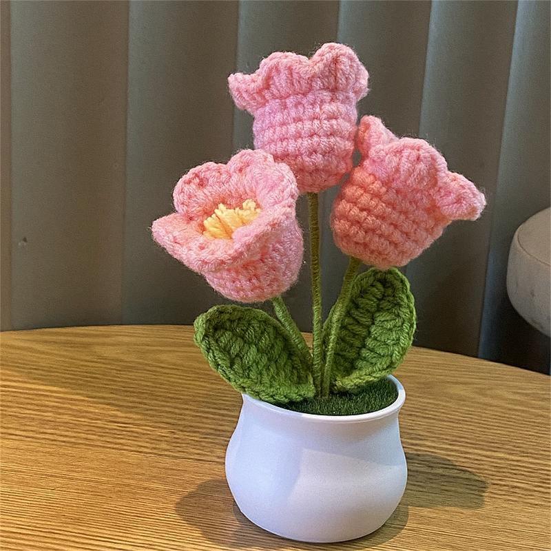 Artificial Flower Crochet, Handmade Woven Potted Home Decoration Knitted Simulation Flower, Yarn Crochet Flower Bouquet Gift