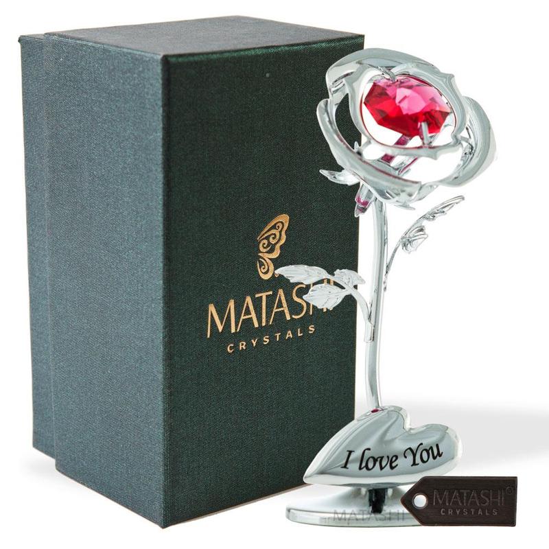 Matashi Gift for Her I Love You Inscribed Rose Flower - Decorative Gift for Christmas, Mother's Day, Birthday, Anniversary, Valentine's Day - Premium Silver Chrome Plated Flower Ornament w  Red Colorful Crystals, Home Decor Ornament with Boxes