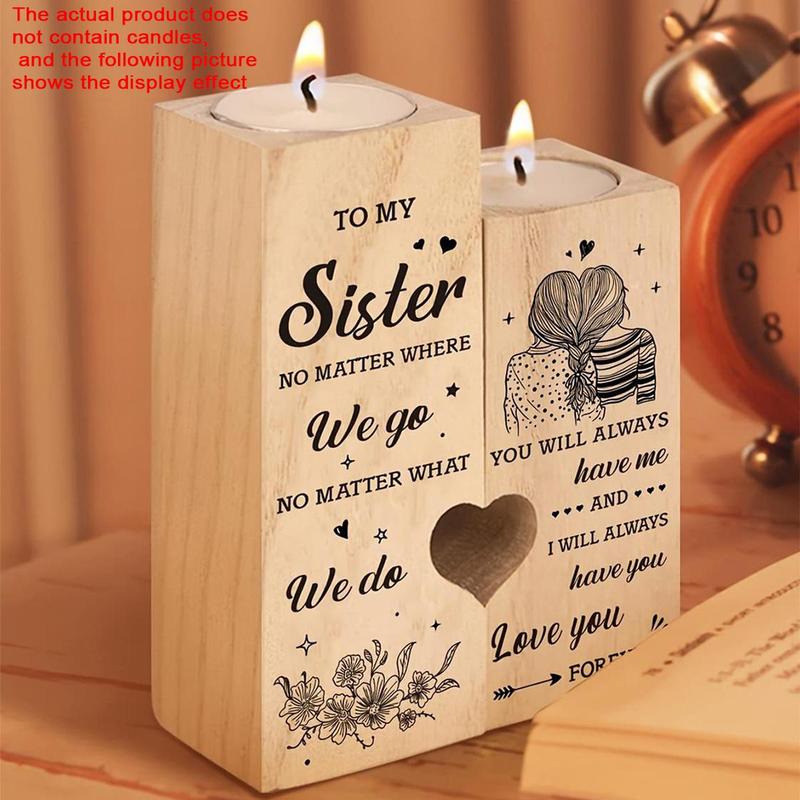 Wooden Heart Shaped Candle Holder, 1 Count Slogan Graphic Candle Holder without Candle, To My Sister Themed Pattern Decor Candle Holder, Home Decor, Gift for Sister