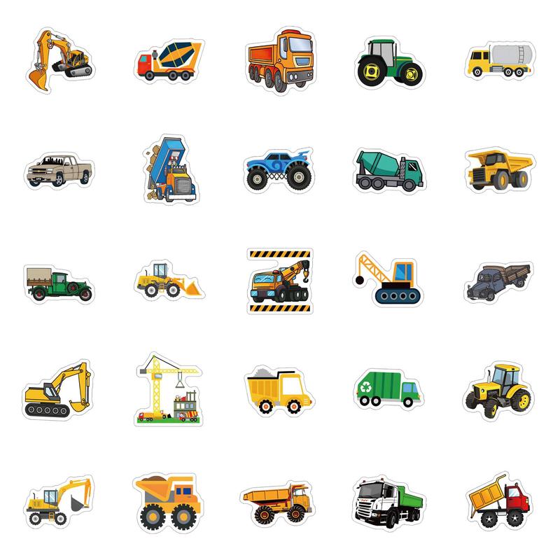 Cartoon Construction Truck Pattern Sticker, 50pcs set Cute Engineering Vehicle Sticker for Christmas Gift, Waterproof Self Adhesive Decor Paper for Gift Bottle Laptop Phone