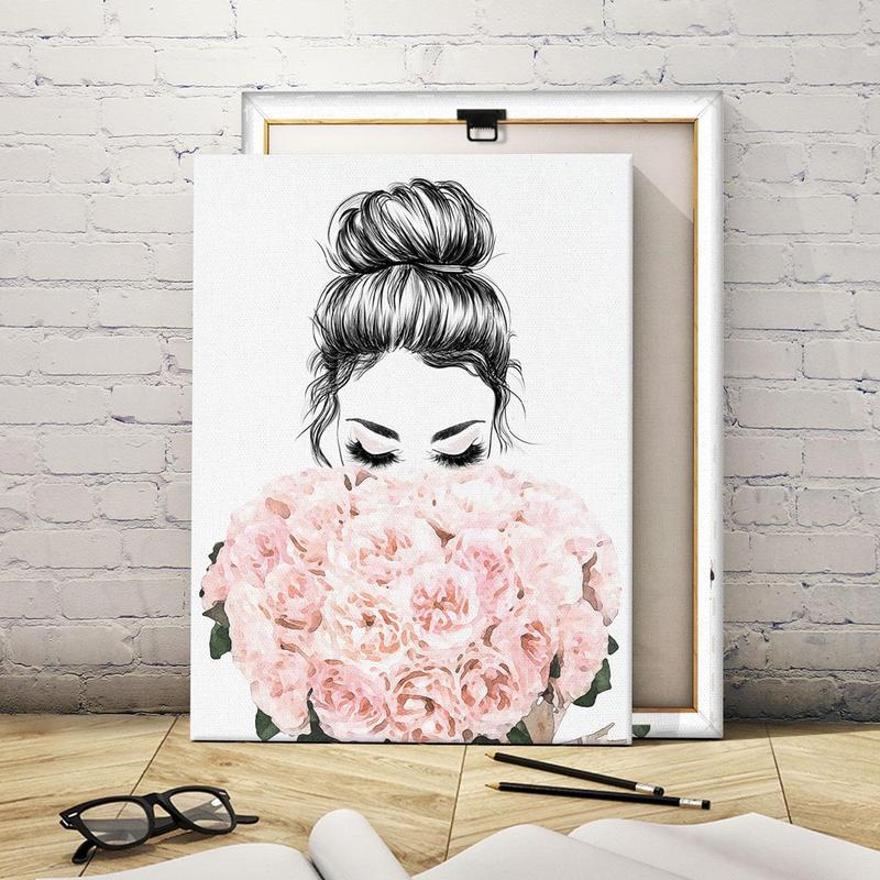 Figure & Flower Pattern Canvas Painting with Frame, 1 Count Modern Simple Wall Art Painting, Wall Art Decor for Home Living Room Bedroom Office