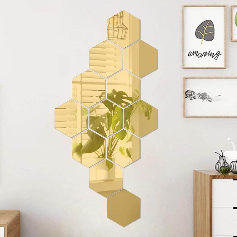 Room Decor Hexagon Mirror Wall Tiles Sticker, 12pcs Modern DIY Decorative Removable Wall Art Mirror Sticker, Creative Mirror Wall Ornaments for Living Room Bedroom Decorative Accessories, Wall Decor