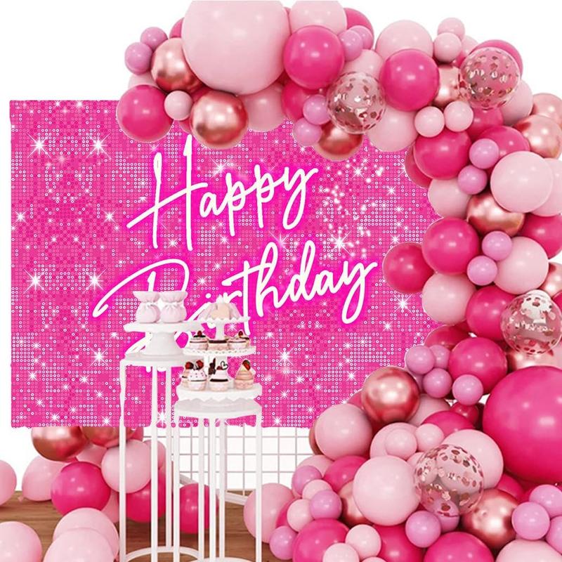 Shiny Pink Neon Happy Birthday Backdrop for Lady Girls Women Princess Theme Party Table Wall Decorations Banner Sparkle Birthday Photo Booth Studio Background 5x3ft