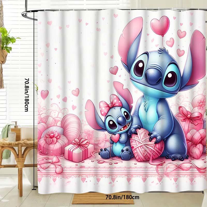 Cartoon Stitch & Heart Pattern Shower Curtain, 1 Count Waterproof Bathroom Curtain with Hooks, Bathroom Decor Supplies for Home Hotel Salon Dormitory