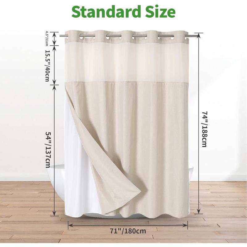 No Hooks Needed Linen Textured Shower Curtain with Snap-in Fabric Liner Set,Hotel Luxury Decor Shower Curtains for Bathroom with See Through Top Window,Waterproof & Washable,71Wx74H,Cream