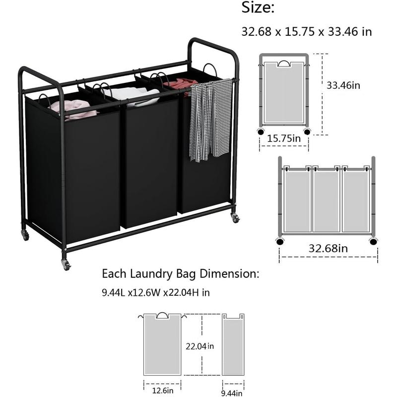 3-Bag Laundry Basket Sorter Laundry Hamper Cart with Heavy Duty Rolling Lockable Wheels and Removable Bags Container Organiser