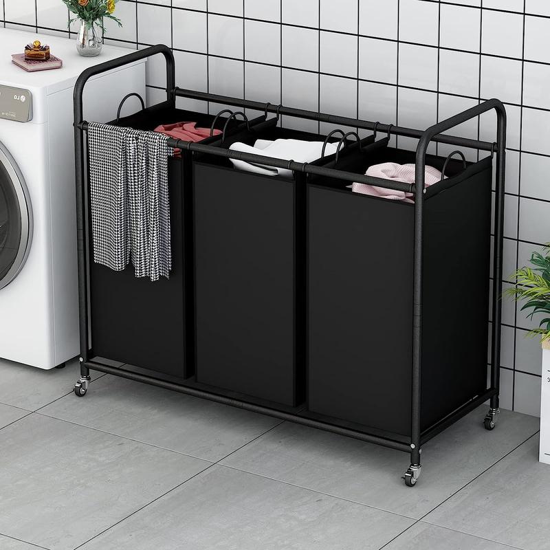 3-Bag Laundry Basket Sorter Laundry Hamper Cart with Heavy Duty Rolling Lockable Wheels and Removable Bags Container Organiser