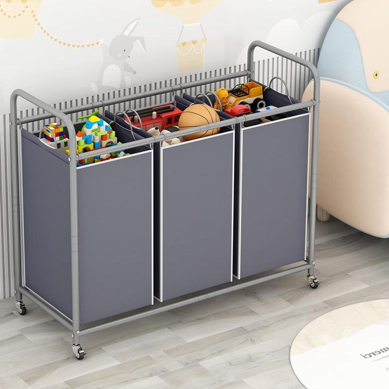 3-Bag Laundry Basket Sorter Laundry Hamper Cart with Heavy Duty Rolling Lockable Wheels and Removable Bags Container Organiser