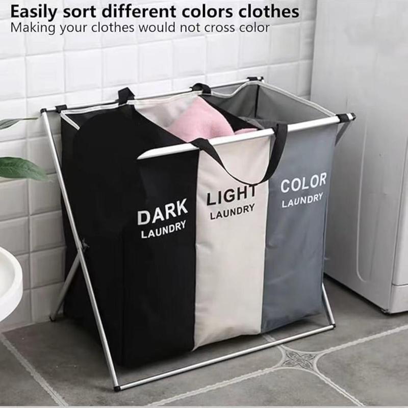 Laundry Cloth Hamper Sorer Bakset Bin, Foldable 3 Sections with Aluminum Frame, Washing Storage, Dirty Clothes Bag for Bathroom Bedroom Home, Storage Basket (Black+ Gray+White,3 LIner)