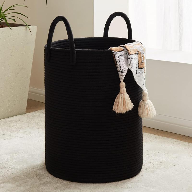 Black Woven Rope Laundry Basket, 58L Tall Laundry Basket for Blanket Storage, Large Baby Nursery Hamper for Laundry, Decorative Clothes Hamper for Bedroom, Living Room