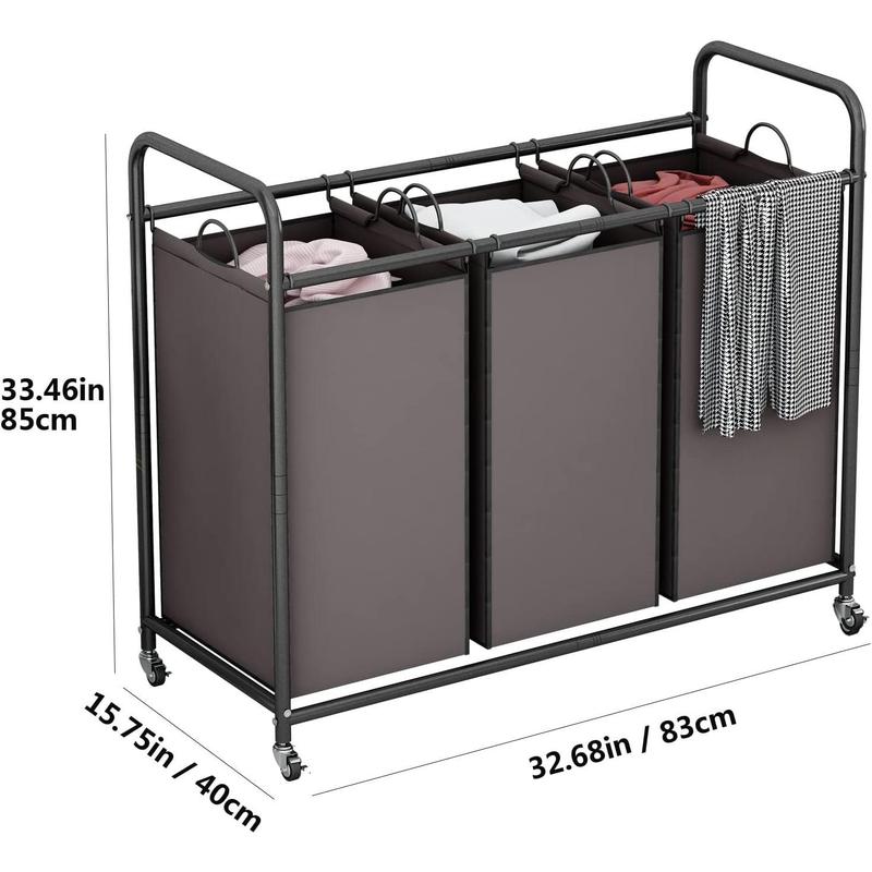 3-Bag Laundry Basket Sorter Laundry Hamper Cart with Heavy Duty Rolling Lockable Wheels and Removable Bags Container Organiser