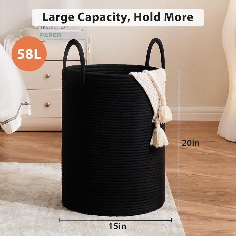 Black Woven Rope Laundry Basket, 58L Tall Laundry Basket for Blanket Storage, Large Baby Nursery Hamper for Laundry, Decorative Clothes Hamper for Bedroom, Living Room