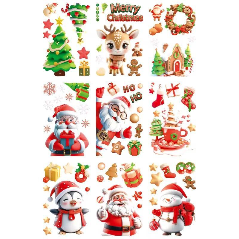 Christmas Themed Window Sticker, 9 Sheets set Cute Cartoon Pattern Window Decal, Decorative Sticker for Home Party Festival