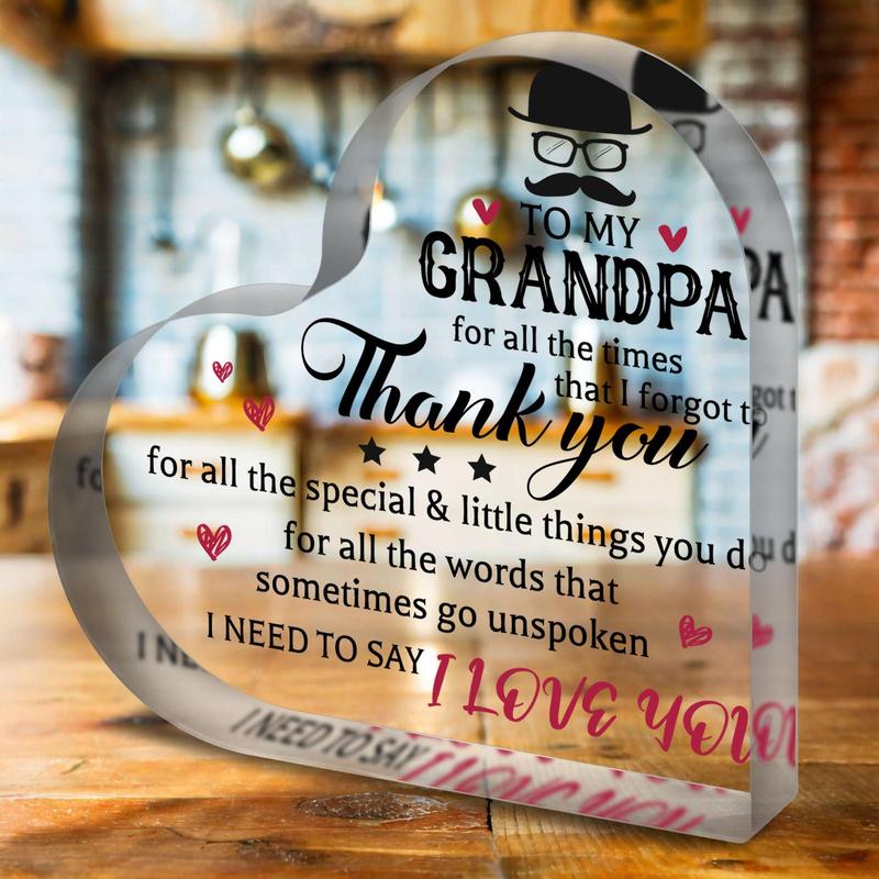 Heart Shaped Acrylic Figurine, Clear Desktop Ornament, Creative Grandpa Gift, Home Decor for Living Room Bedroom Office, Birthday Gift