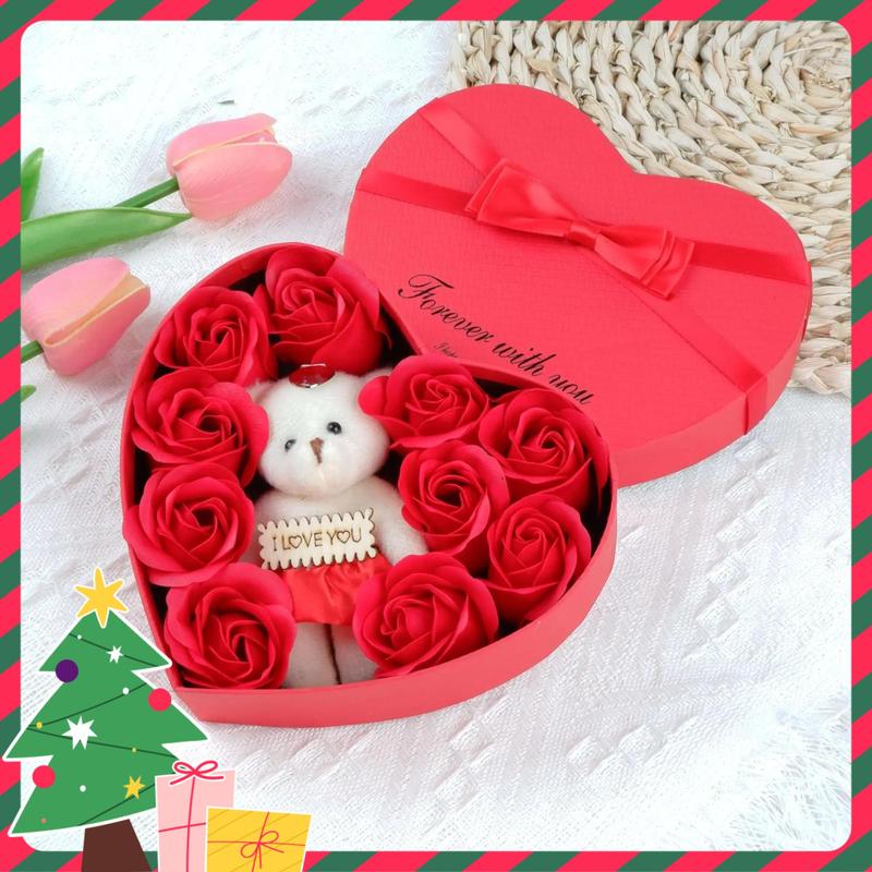 Christmas 2024outdoor Artificial Rose & Cute Bear Design Gift Box Set , Creative Heart Shaped Gift Box, Gift Box for Women & Men, Birthday Gift for Friends & Family, Summer Gifts, Room Accessories