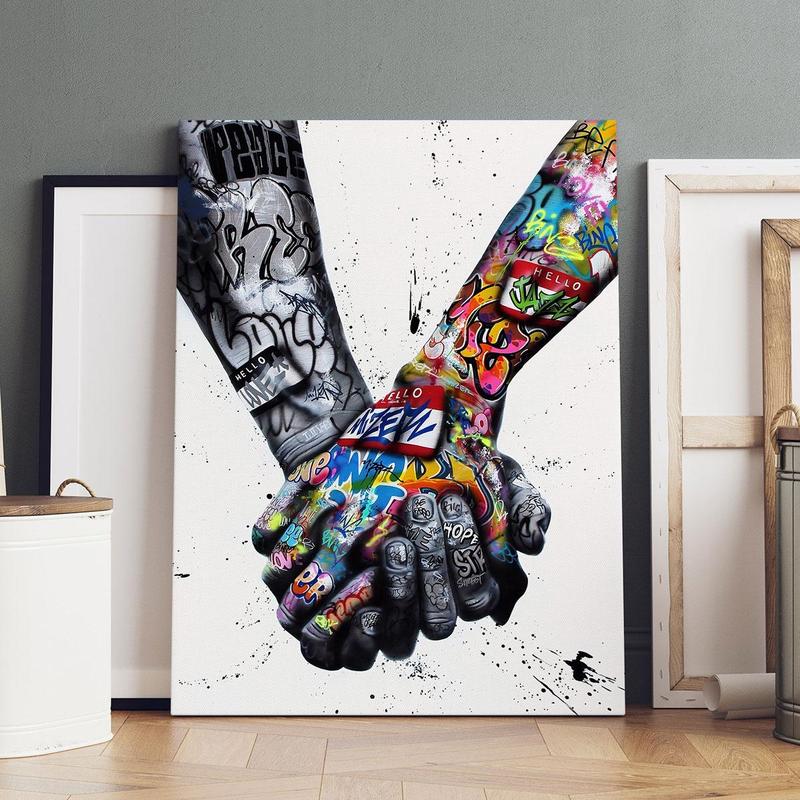 Hand-In-Hand Pattern Canvas Painting Framed, Meaningful Modern Graffiti Art Canvas Poster, Wall Art Decor for Home Living Room Office Bedroom Gallery Dormitory