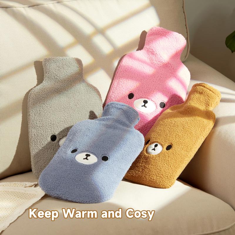 Hot Water Bottle with Cute Fleece Cover, 2Liter Water Bag for Hot and Cold Compress, Hand Feet Warmer, Neck and Shoulder Pain Relief, Brown Bear