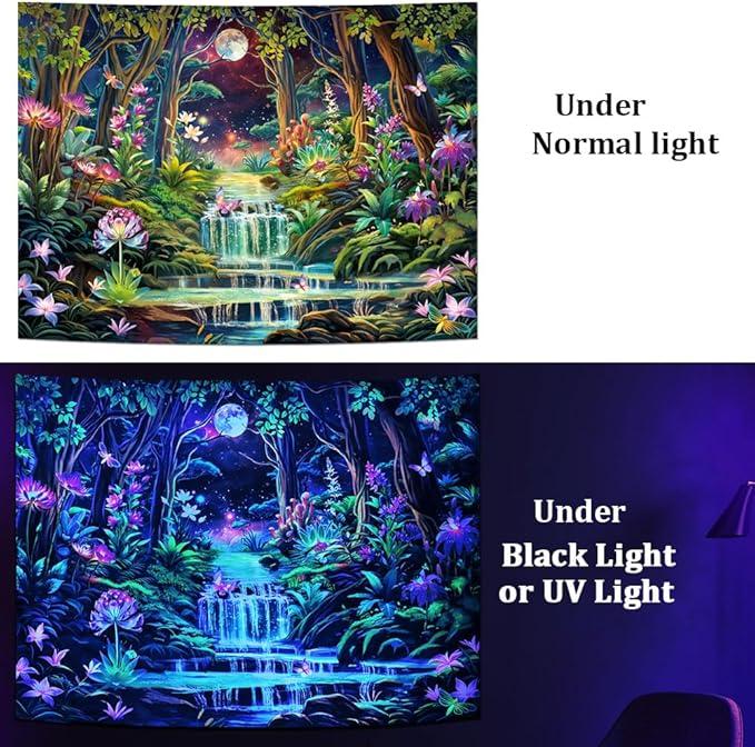 Blacklight Fantasy Forest Tapestry Aesthetic Moon 60*51inTapestry UV Reactive Neon Galaxy Space Wall Tapestry Trippy Plant Floral Tapestry Wall Hanging for Home Decor