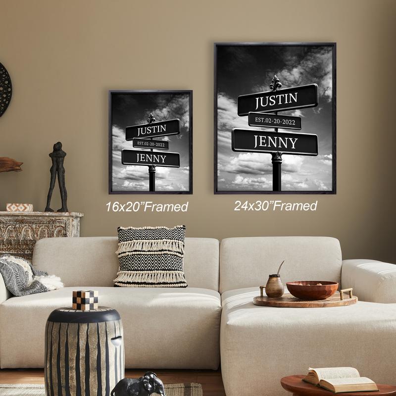 Crossroads Sign Couple's Name and Date on Street Black & White Sky Canvas Prints Love Gift for Anniversary,Wedding,Birthday and Holidays Decor Poster