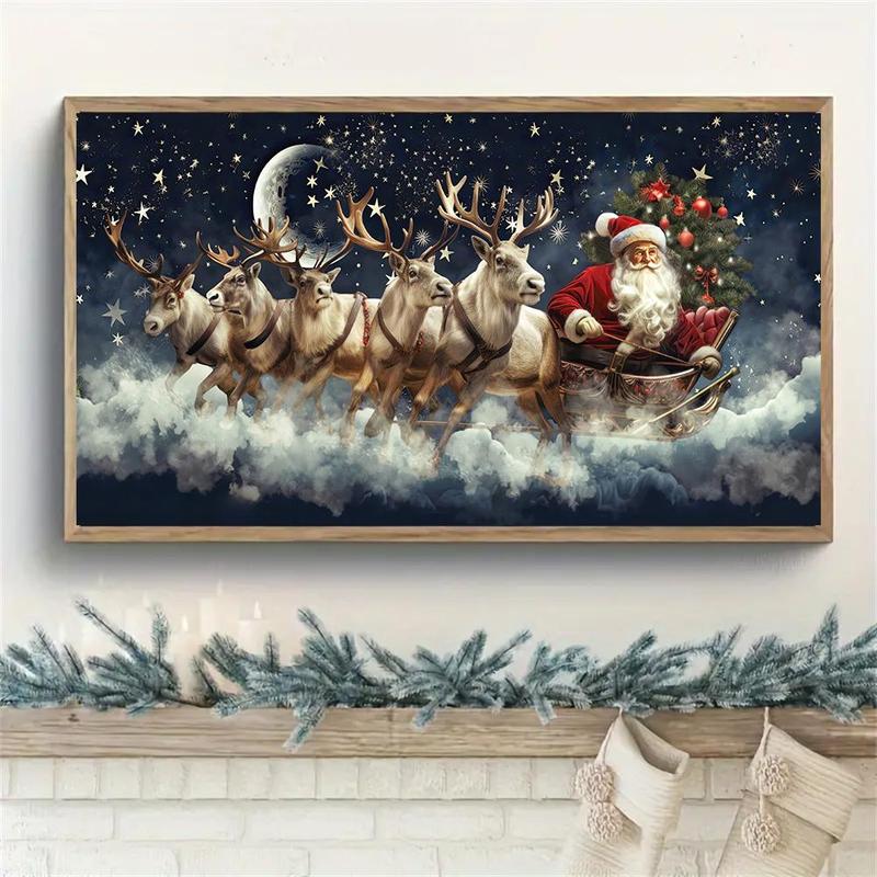 Christmas Themed Canvas Painting without Frame, 1 Count Santa Claus & Reindeer & Sleigh Pattern Wall Art, Wall Decor for Home Living Room Bedroom