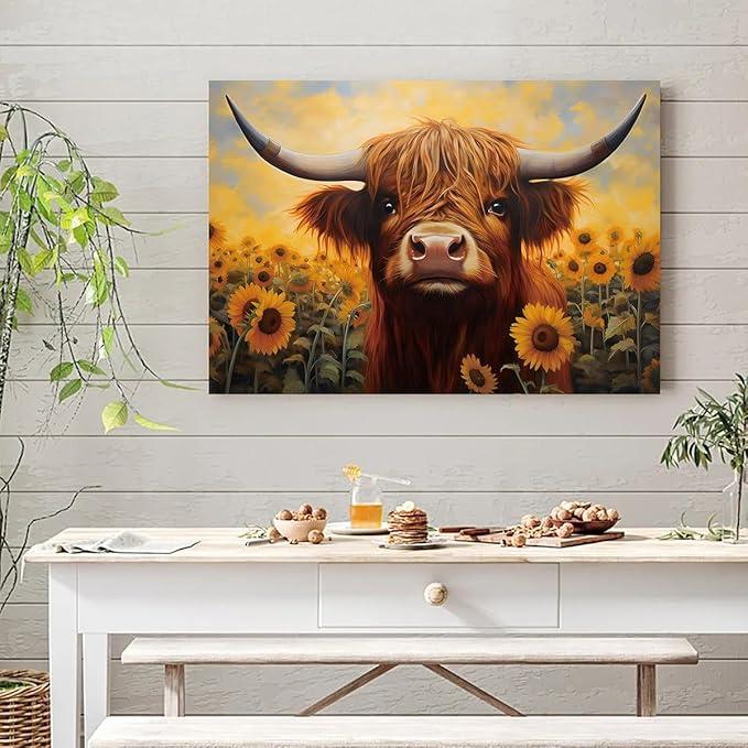 Vibrant Highland Cow & Sunflowers Artwork - Frameless Canvas Print with Warm Colors, Nature-Inspired, Perfect for Living Room, Bedroom, or Home Office Decor, Adds Cozy Touch to Any Space