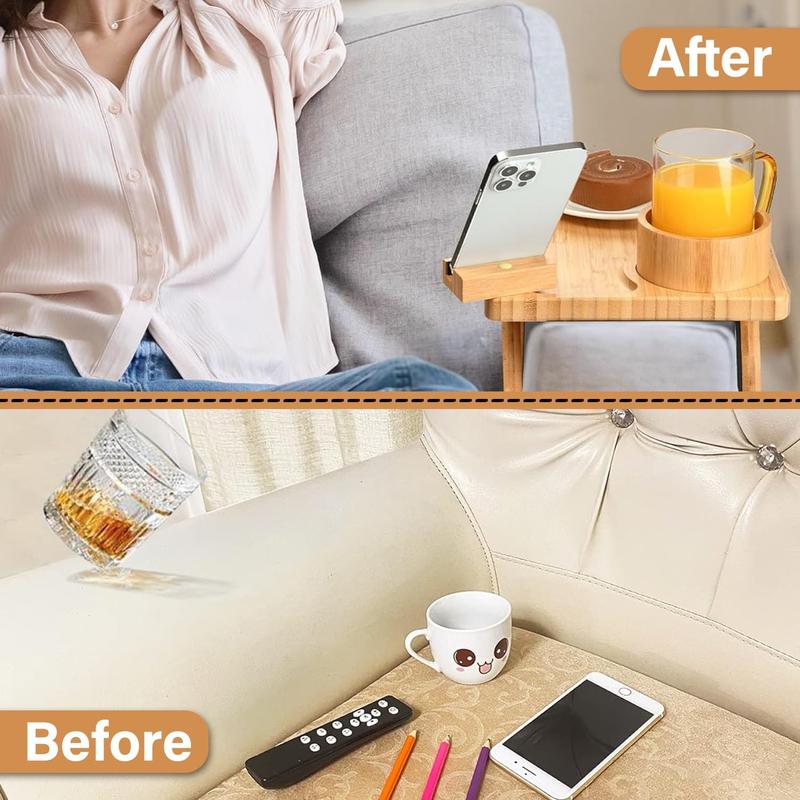 Table - Sofa Arm Tray with 360° Rotating Phone Holder & Cup Holder, Folding Bamboo Side Table- Sofa Armrest Tray Clip on Side Table for Eating, Phone, Remote, Cups (Natural)