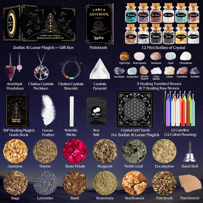 Christmas Gift Witchcraft Supplies Kit, 80Pack Witch Starter Kit Wiccan Supplies and Tools Witchy Gifts for Beginners, Spell Candles, Chakra Healing Crystals and Dried Herbs for Zodiac and Lunar Magick wiccan supply