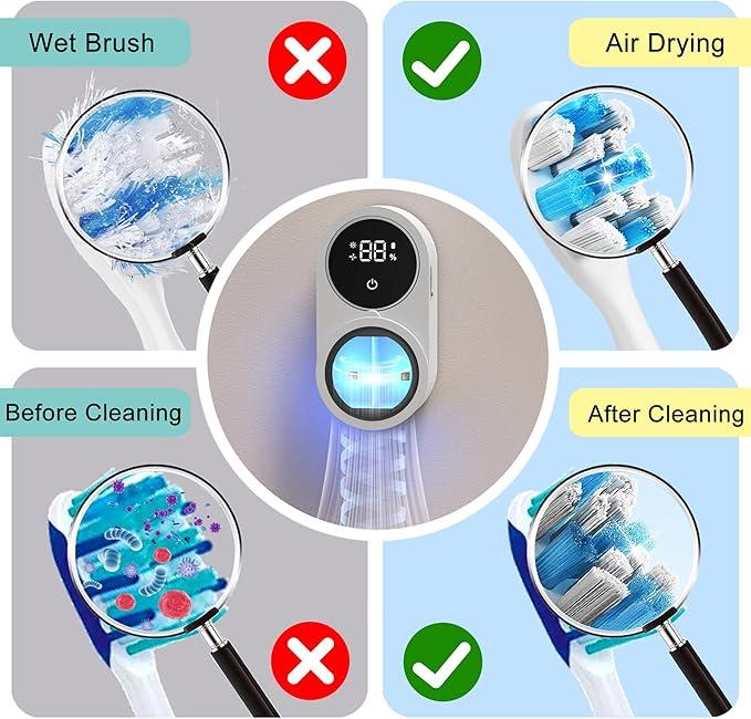 Toothbrush Holder and Cleaner Smart Light Cleaning and Fan Drying Automatic Rotating Cover