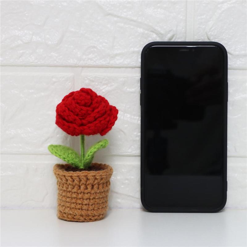 Mini Handmade Crochet Rose Knitted Potted Plant, 3 Counts set Cute Artificial Flower Decor, Decorative Plants for Home Office Car