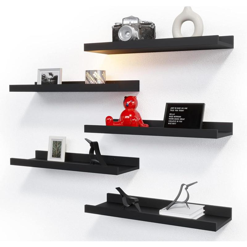 5 Set Floating Wall Mounted Shelves, Black Shelves for Wall Decor, Modern Picture Ledge Shelf with Lip for Storage, , Bedroom, Living Room, Bathroom - Black