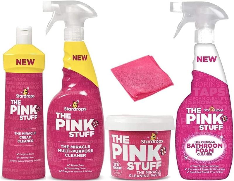 The Pink Stuff Bundle: Miracle Cleaning Paste, Multi-Purpose Spray, Cream Cleaner, Bathroom Foam, and Microfiber Cloth – Your Ultimate Cleaning Solution!