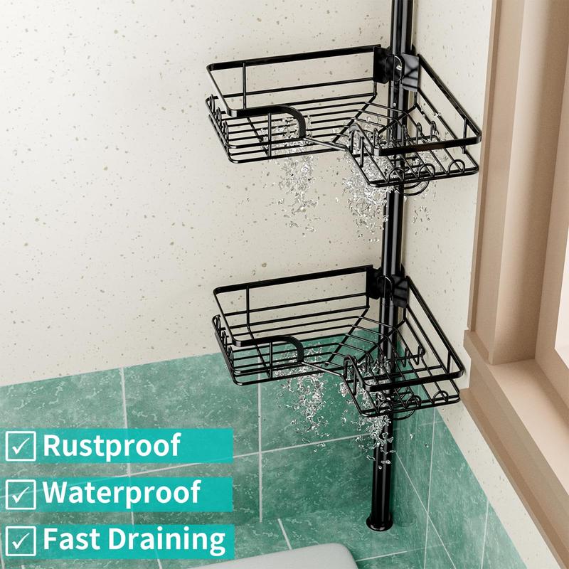 4 Tier Corner Shower Caddy Organizer, Rustproof and Waterproof  Racks  with Soap Holder, Tension Pole Extends from 104.3 to 113.8 Inches,