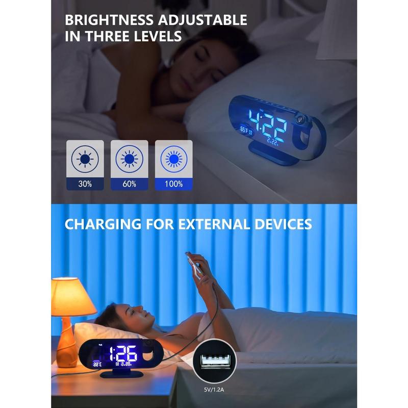 Projection Alarm Clock - 2024 New Projection Clock with 180° Rotatable Projector for Bedroom Ceiling - Clear LED Display, USB Charger Automatic Light-Sensitive Temperature, Silent Movement