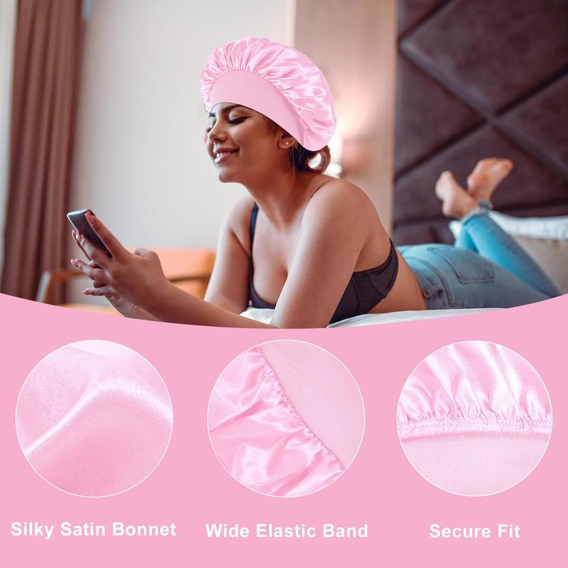 4 count Silk Hair Bonnets for Sleeping - Elastic Wide Band Satin Hair Wrap Bonnets for Sleeping Black Women Men,Silk Bonnets for Curly Hair,Silk Satin Bonnets for Sleeping (Black & Pink & Blue & Purple)