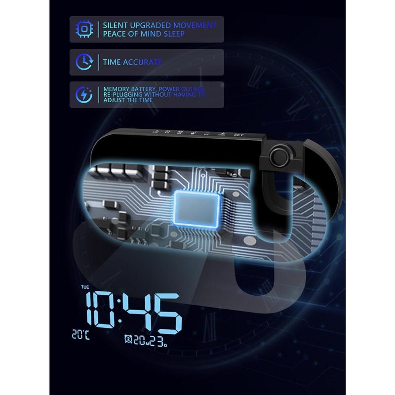 Projection Alarm Clock - 2024 New Projection Clock with 180° Rotatable Projector for Bedroom Ceiling - Clear LED Display, USB Charger Automatic Light-Sensitive Temperature, Silent Movement