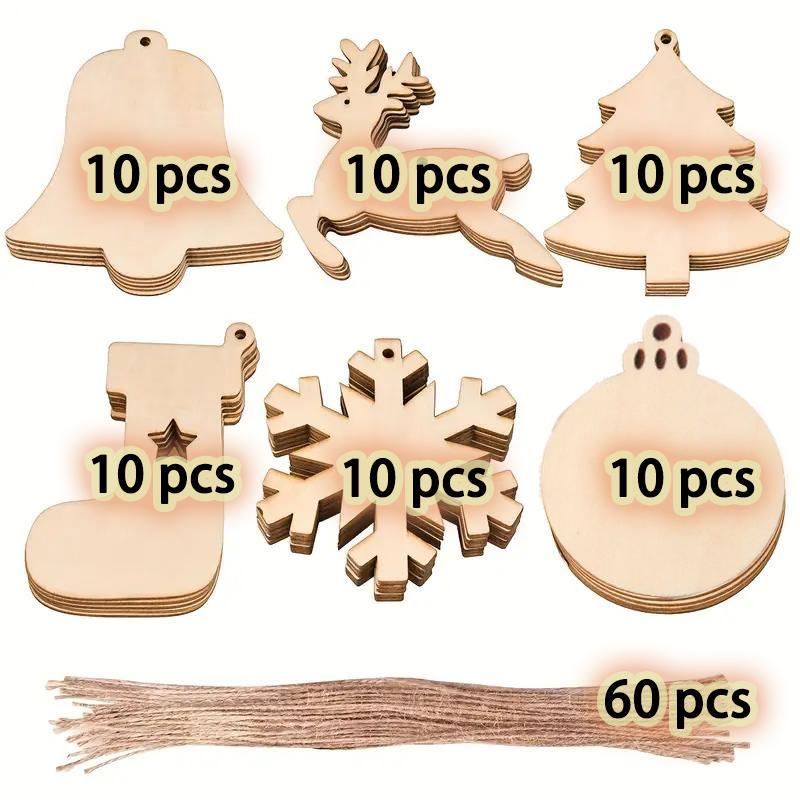 Wooden Christmas Ornament, 120pcs set Christmas Tree & Bell & Reindeer & Stocking & Snowflake & Round & Rope Hanging Ornament, DIY Wooden Crafts