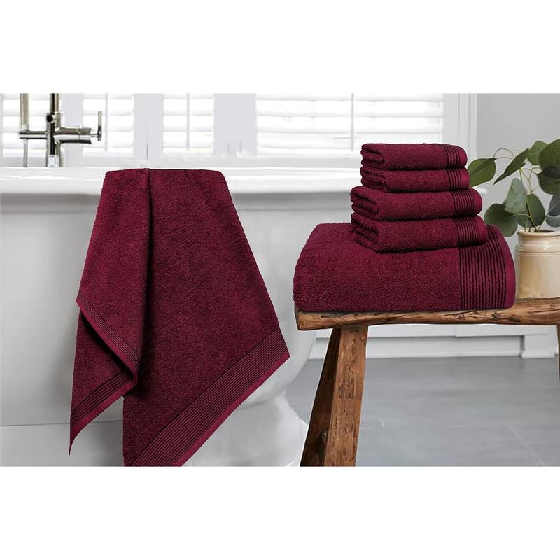 100% Cotton Ultra Soft 6 Pack Towel Set, Contains 2 Bath Towels 28x55 inchs, 2 Hand Towels 16x24 inchs & 2 Washcloths 12x12 inchs, Compact Lightweight & Highly Absorbant - Burgundy