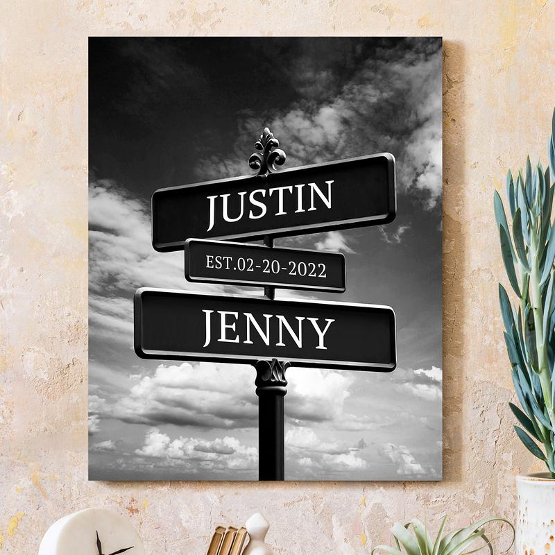 Crossroads Sign Couple's Name and Date on Street Black & White Sky Canvas Prints Love Gift for Anniversary,Wedding,Birthday and Holidays Decor Poster