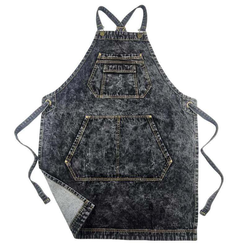 Denim Apron with Pockets, Cross Straps & Adjustable Apron, Work Apron for Hair Stylist Gardening Craftsmen Barista Women Hairdresser