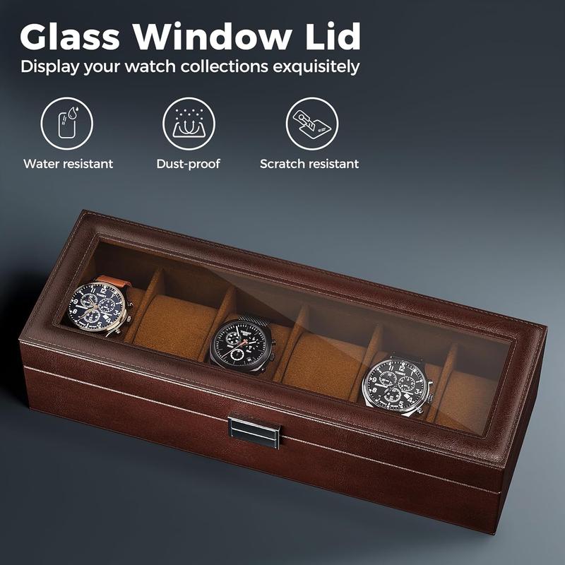 Watch Box for Men, 6 Slot Mens Watch Case, Watch Storage Watch Holder Organizer for Men, Watch Display Case with Glass Lid -6 Slot, Brown