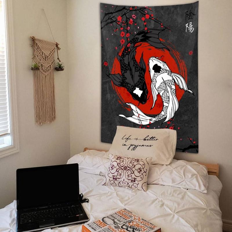 Japanese Yin Yang Koi Fish Tapestry, Cool Red and Black Anime Sakura Art Tapestries Vertical Wall Hanging for Men Bedroom Living Room Office Decor 40X60