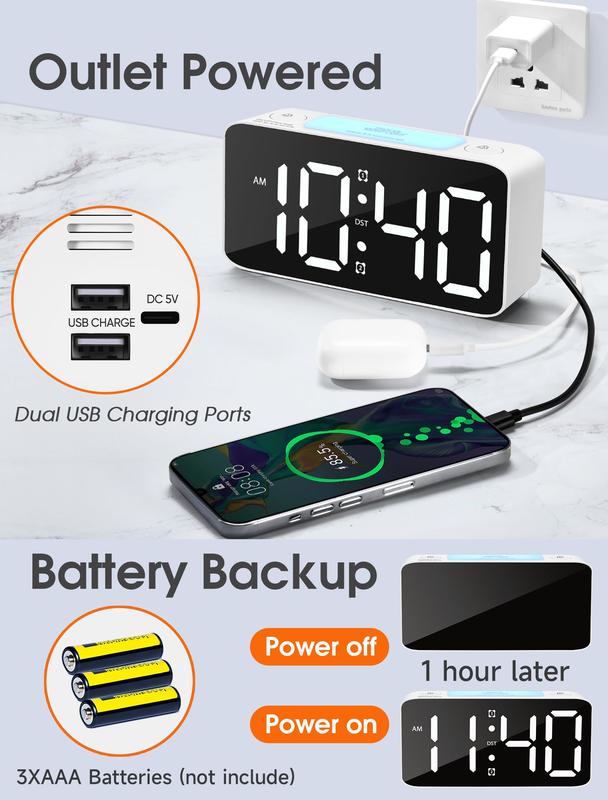 Super Loud Alarm Clock for Heavy Sleepers Adults,Digital Clock with 7 Color NightLight,Adjustable Volume,USB Charger,Small Clocks for Bedrooms,Ok to Wake Up for Kids,Teens (White+RGB)