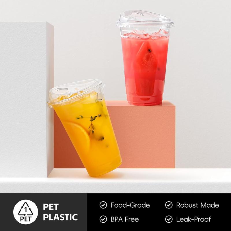 100 Sets of 16 oz Crystal Clear Plastic Cups With Strawless Sip-Lids, BPA Free Disposable Plastic Cups with Lids, To Go Cups for Iced Coffee, Smoothies, Party Drinks, Bubble Tea, Cold Beverage.