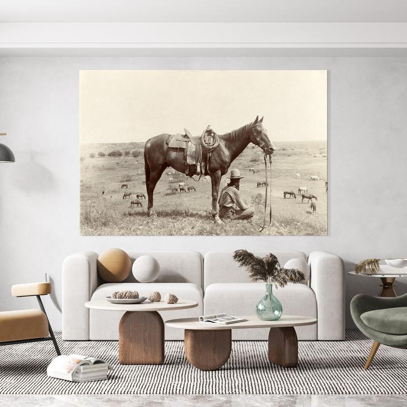 Vintage Photo Cowboy and Horse Print, Black and White Wall Art, Ready to Hang