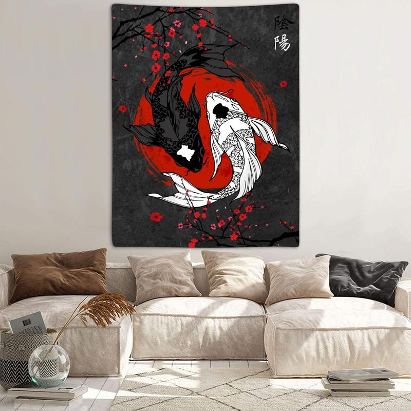 Japanese Yin Yang Koi Fish Tapestry, Cool Red and Black Anime Sakura Art Tapestries Vertical Wall Hanging for Men Bedroom Living Room Office Decor 40X60