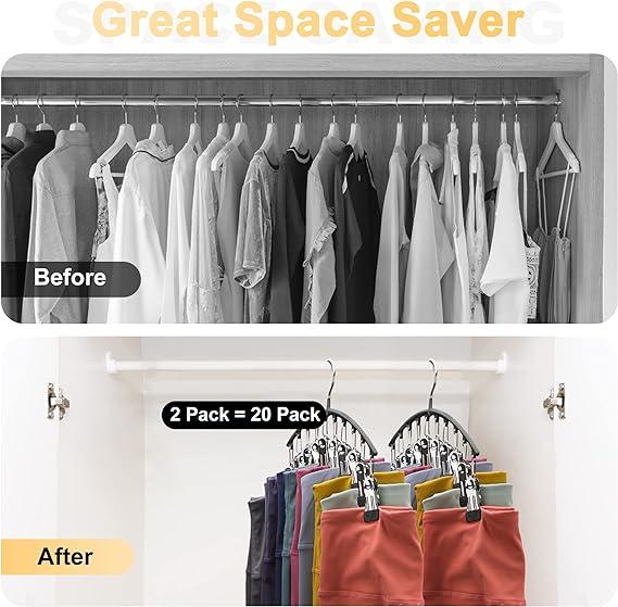 Curved Design Hanger with 20 30 Clips , 2 pack Legging organiser for Closet, 2 count stainless steel space saving Clothes Hanger Hanging organizers.