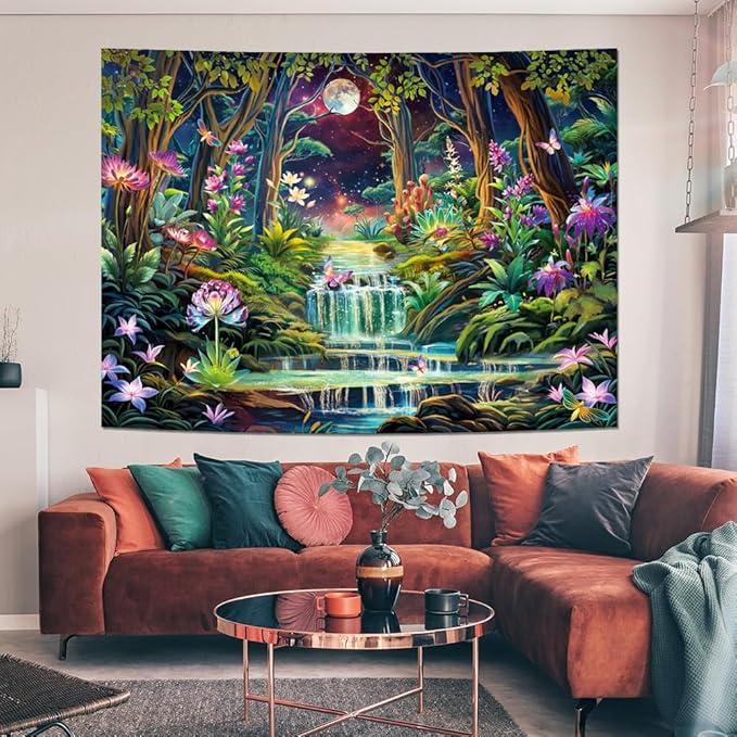 Blacklight Fantasy Forest Tapestry Aesthetic Moon 60*51inTapestry UV Reactive Neon Galaxy Space Wall Tapestry Trippy Plant Floral Tapestry Wall Hanging for Home Decor