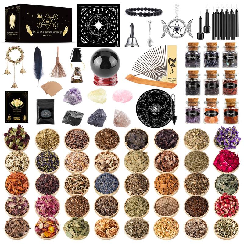 Wiccan Supplies and Tools for Protection, 127Pack Witchcraft Supplies Witchy Gift for Beginners, Dried Flower, Crystals, Candles, Witch Starter Spell Kit