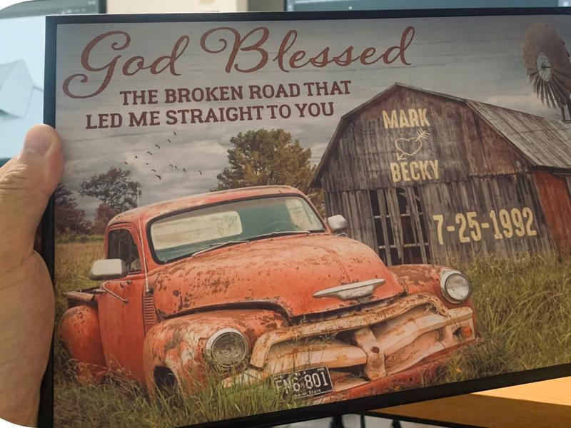 C02 Custom Canvas Prints Anniversary Wedding Gift,The God Blessed Red Ford -The Broken Road Old Truck and Barn Personalized Wedding Canvas - Custom Couple Name, Date Decor Matte