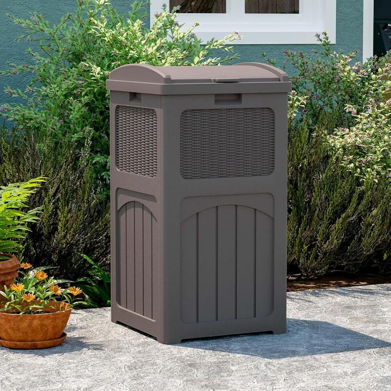 36 Gallon Outdoor Trash Can, Resin Outdoor Garbage Can with Lid for Patio, Backyard, Deck, Dark Brown